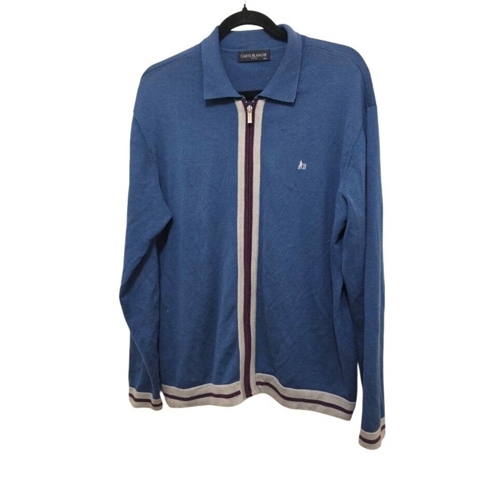 Carte Blanche Paris Men's Blue Full-Zip Sweater Striped Trim & Collar Size L